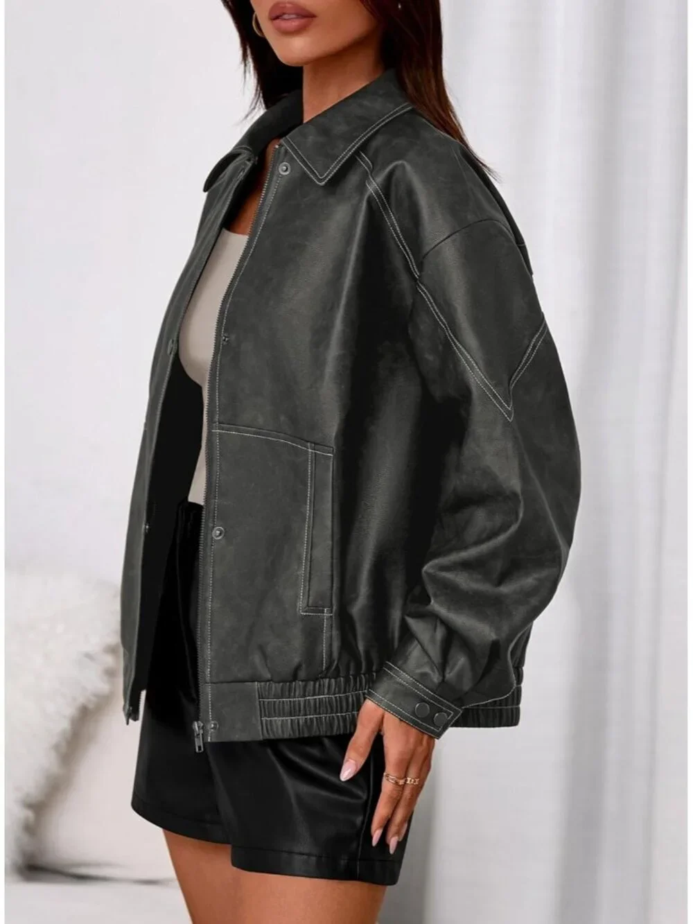 Women's Bomber Motorcycle Zip Up Jackets Oversized Faux Leather Jacket Grey